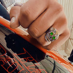 mens sugar skull ring atzec style with green cubic zirconia gemstone high quality 18K gold plated with stainless steel surgical grade titanium