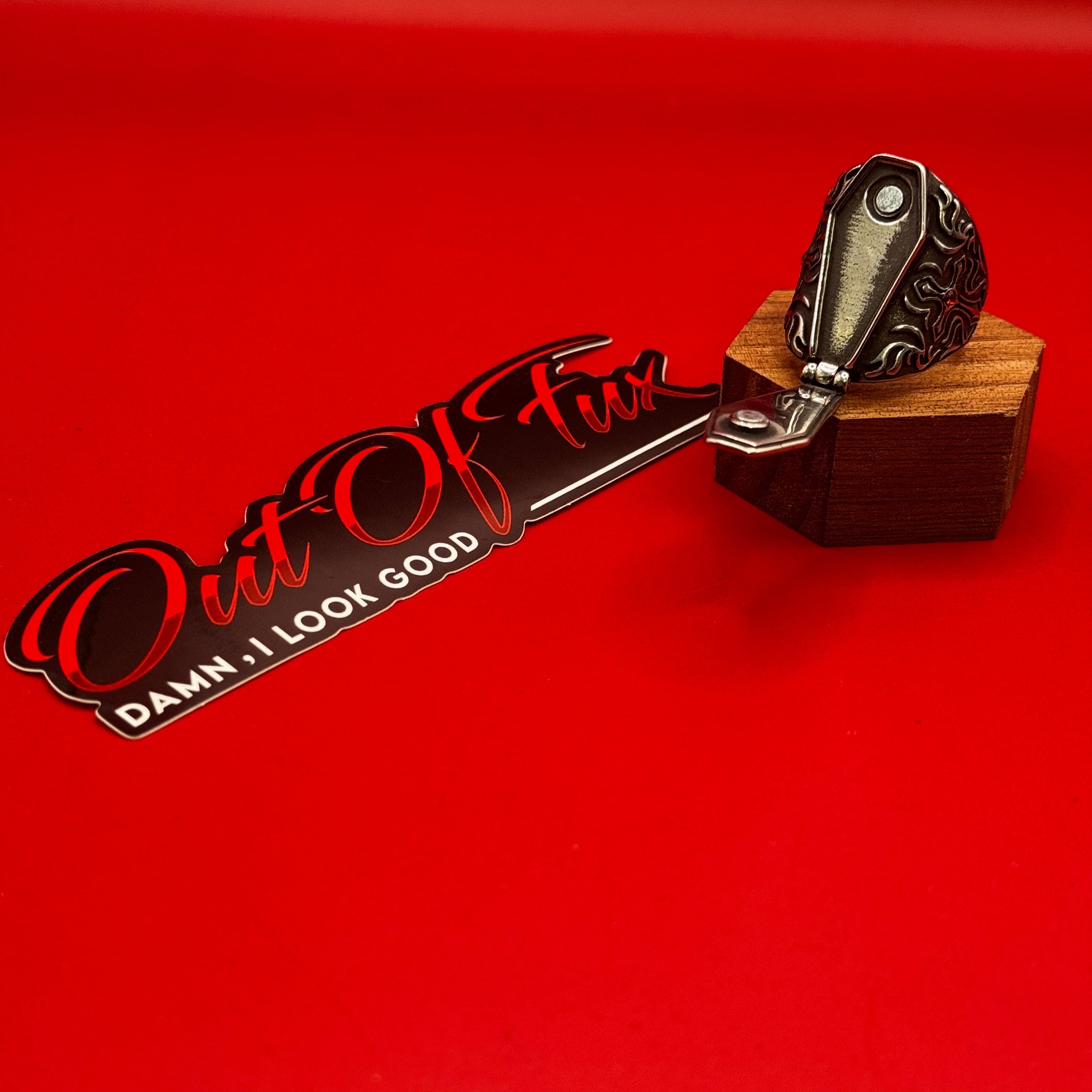 mens titanium coffin ring opens and closes small red gemstone cubic zirconia for him viking run style vintage retro ring in darkened dark silver perfect for harley davidson biker motorcycle enthusiast in your life or dads fathers day gift