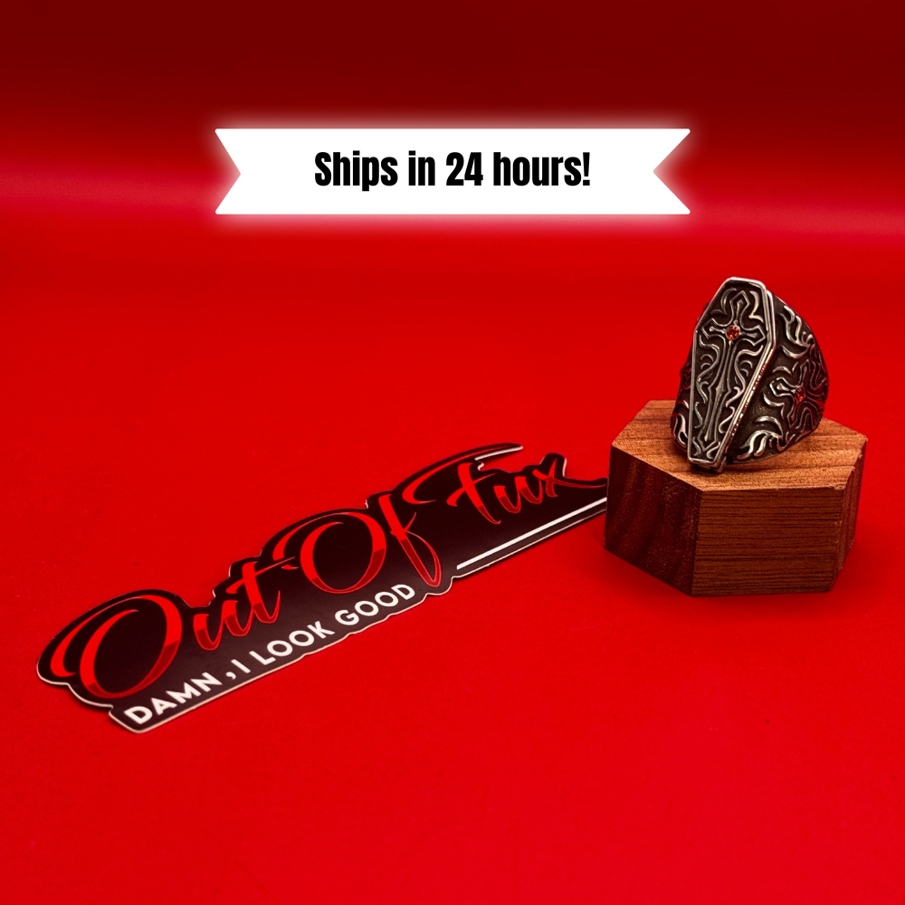 cross coffin vintage retro style ring with coffin that opens and closes perfect high quality detail with red cubic zirconia gemstones for men