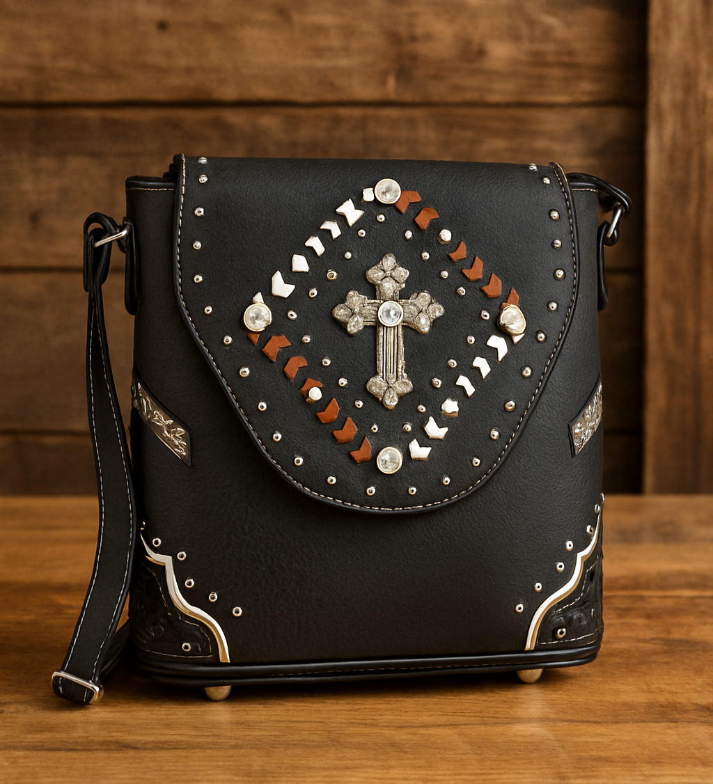Black handbag with decorative elements on a wooden surface and background