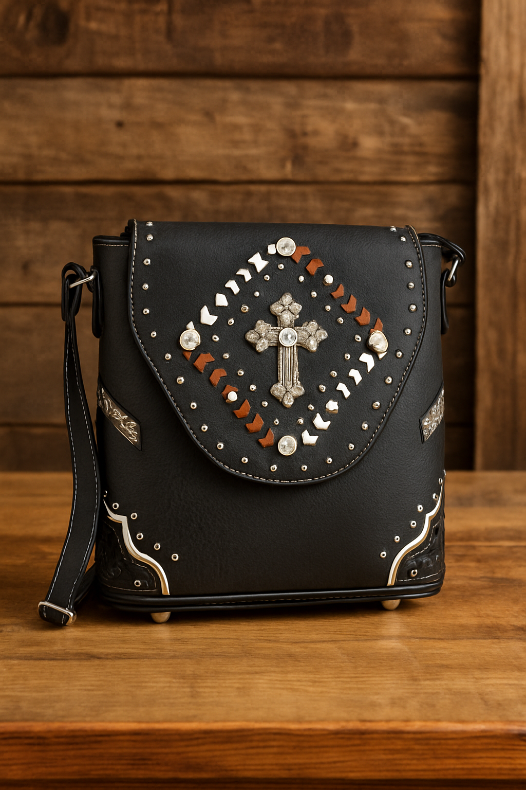 Black handbag with decorative elements on a wooden surface and background
