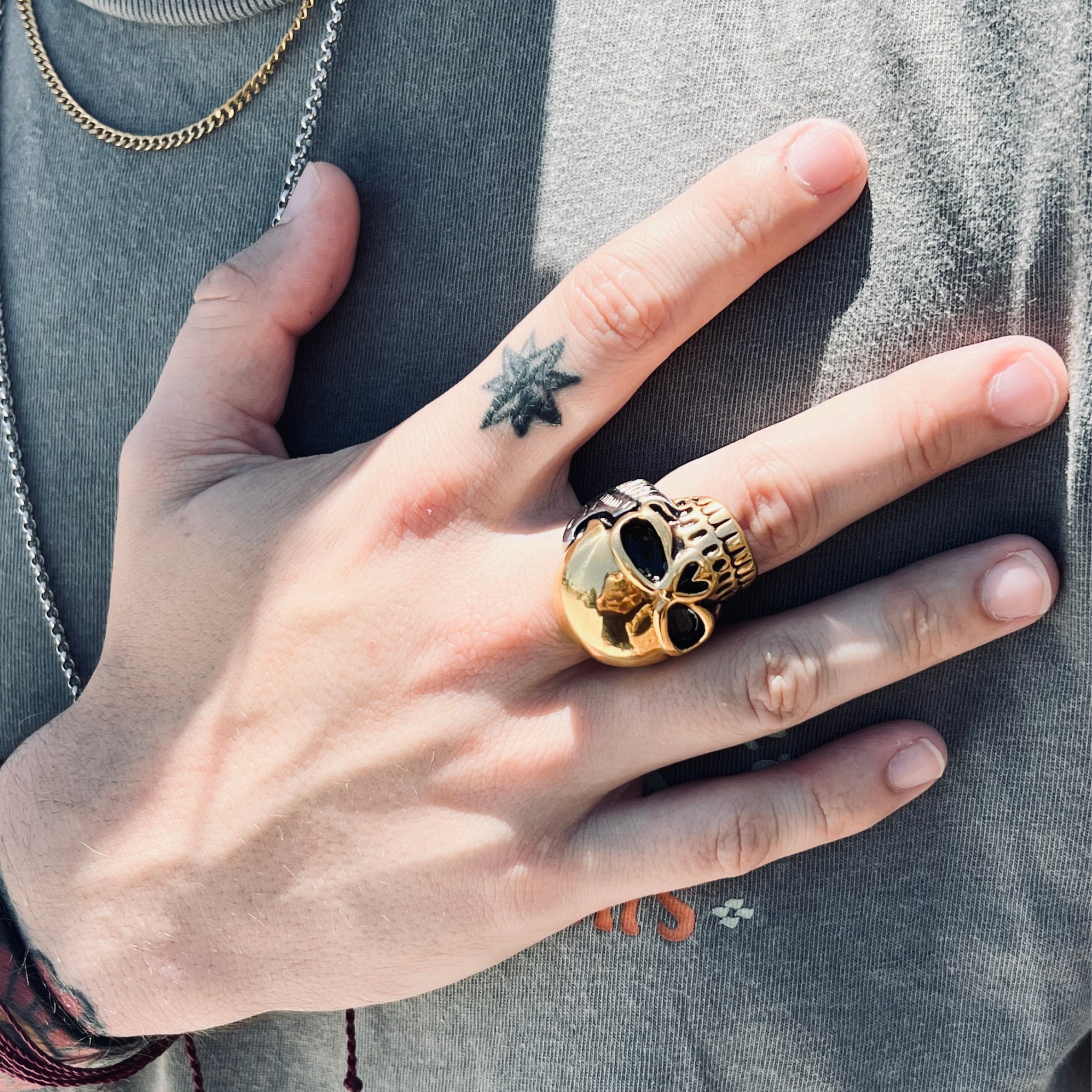 mens gold skull ring in stainless steel titanium high quality heavy duty tanish and water proof for biker harley davidson riders or motorcycle club style