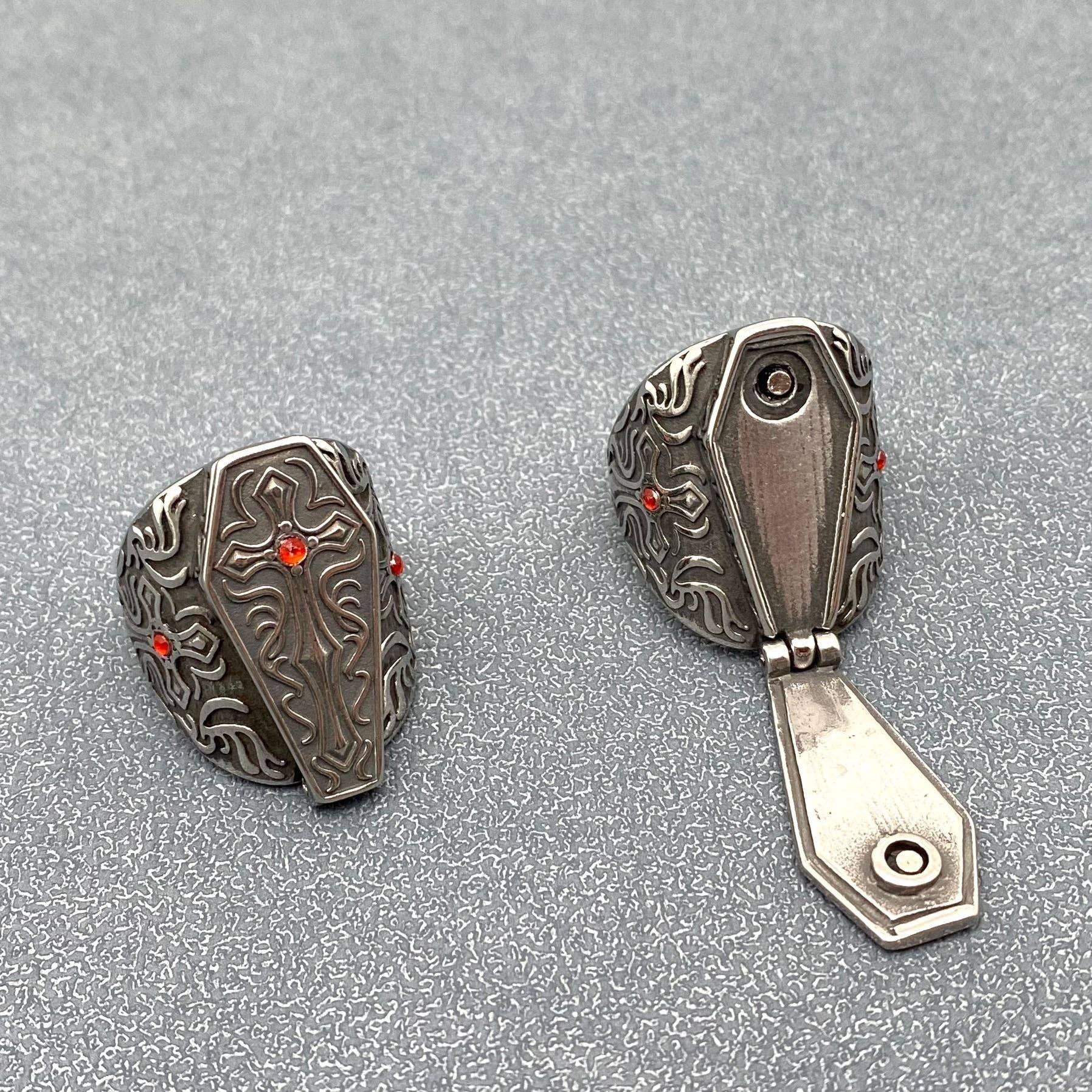 mens titanium coffin ring opens and closes small red gemstone cubic zirconia for him viking run style vintage retro ring in darkened dark silver perfect for harley davidson biker motorcycle enthusiast in your life or dads fathers day gift