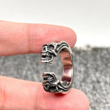 Stainless Steel Double Skull C shape Ring - Motorcycle Skull Mens Biker Ring Titamium