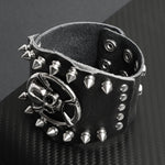 Edgy Black Leather Bracelet Cuff with Stainless Steel Skull and Crossbones Studs Biker Jewelry - Gifts for Him Goth Punk Style Motorcycle Club Style Mens Gifts Dad Gifts Brother Husband Alternative Skull Jewelry Biker Harley Davidson alternative lifestyle gothic dark metal heavy metal metallica johnny depp style vintage handmade leather think leather cuff mens bracelet mens fashion jewelry mens gifts white elephant dad brother boyfriend husband father grandpa divorced dad