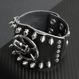Edgy Black Leather Bracelet Cuff with Stainless Steel Skull and Crossbones Studs Biker Jewelry - Gifts for Him Goth Punk Style Motorcycle Club Style Mens Gifts Dad Gifts Brother Husband Alternative Skull Jewelry Biker Harley Davidson alternative lifestyle gothic dark metal heavy metal metallica johnny depp style vintage handmade leather think leather cuff mens bracelet mens fashion jewelry mens gifts white elephant dad brother boyfriend husband father grandpa divorced dad