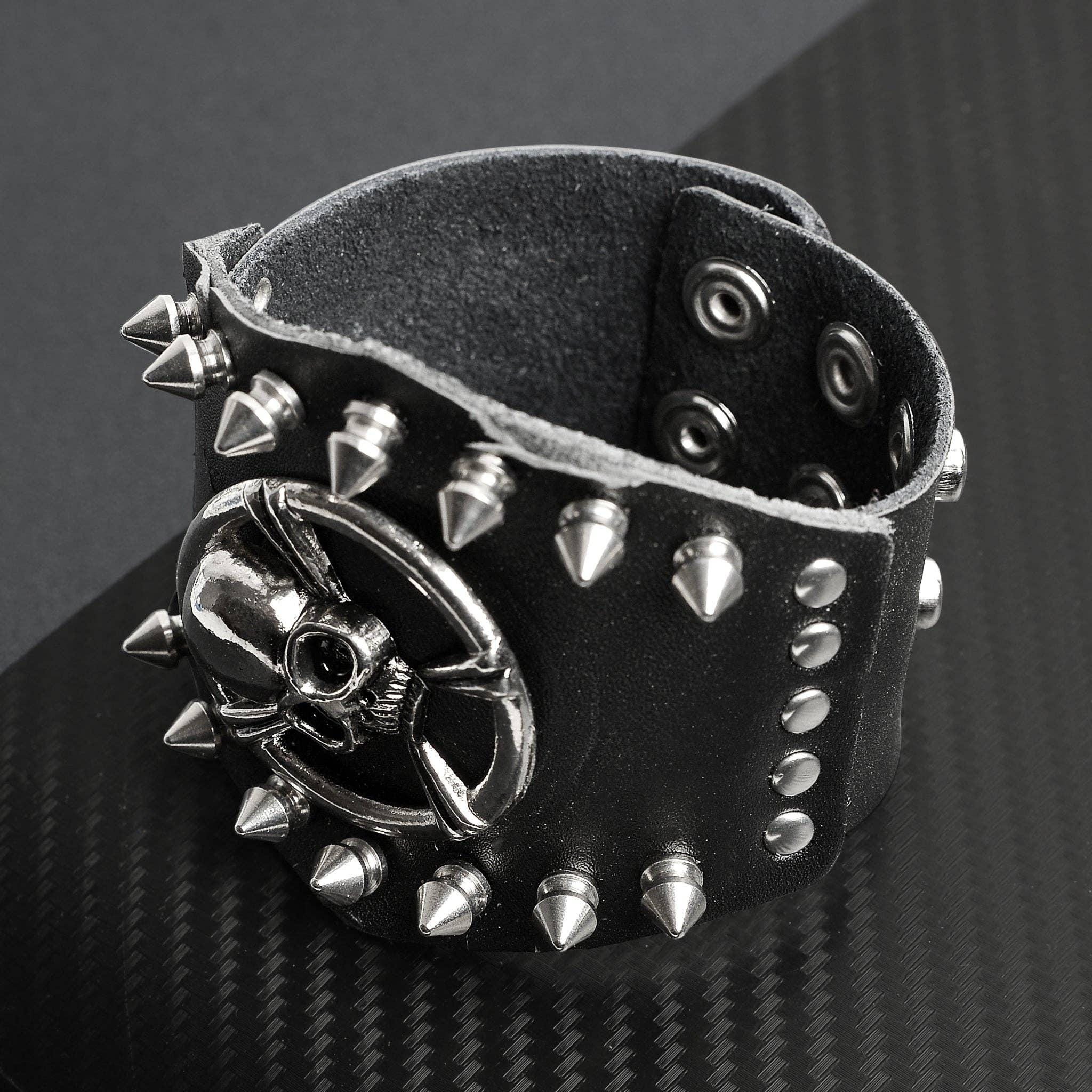 Edgy Black Leather Bracelet Cuff with Stainless Steel Skull and Crossbones Studs Biker Jewelry - Gifts for Him Goth Punk Style Motorcycle Club Style Mens Gifts Dad Gifts Brother Husband Alternative Skull Jewelry Biker Harley Davidson alternative lifestyle gothic dark metal heavy metal metallica johnny depp style vintage handmade leather think leather cuff mens bracelet mens fashion jewelry mens gifts white elephant dad brother boyfriend husband father grandpa divorced dad