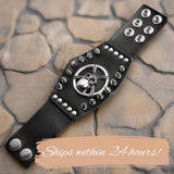 Edgy Black Leather Bracelet Cuff with Stainless Steel Skull and Crossbones Studs Biker Jewelry - Gifts for Him Goth Punk Style Motorcycle Club Style Mens Gifts Dad Gifts Brother Husband Alternative Skull Jewelry Biker Harley Davidson alternative lifestyle gothic dark metal heavy metal metallica johnny depp style vintage handmade leather think leather cuff mens bracelet mens fashion jewelry mens gifts white elephant dad brother boyfriend husband father grandpa divorced dad