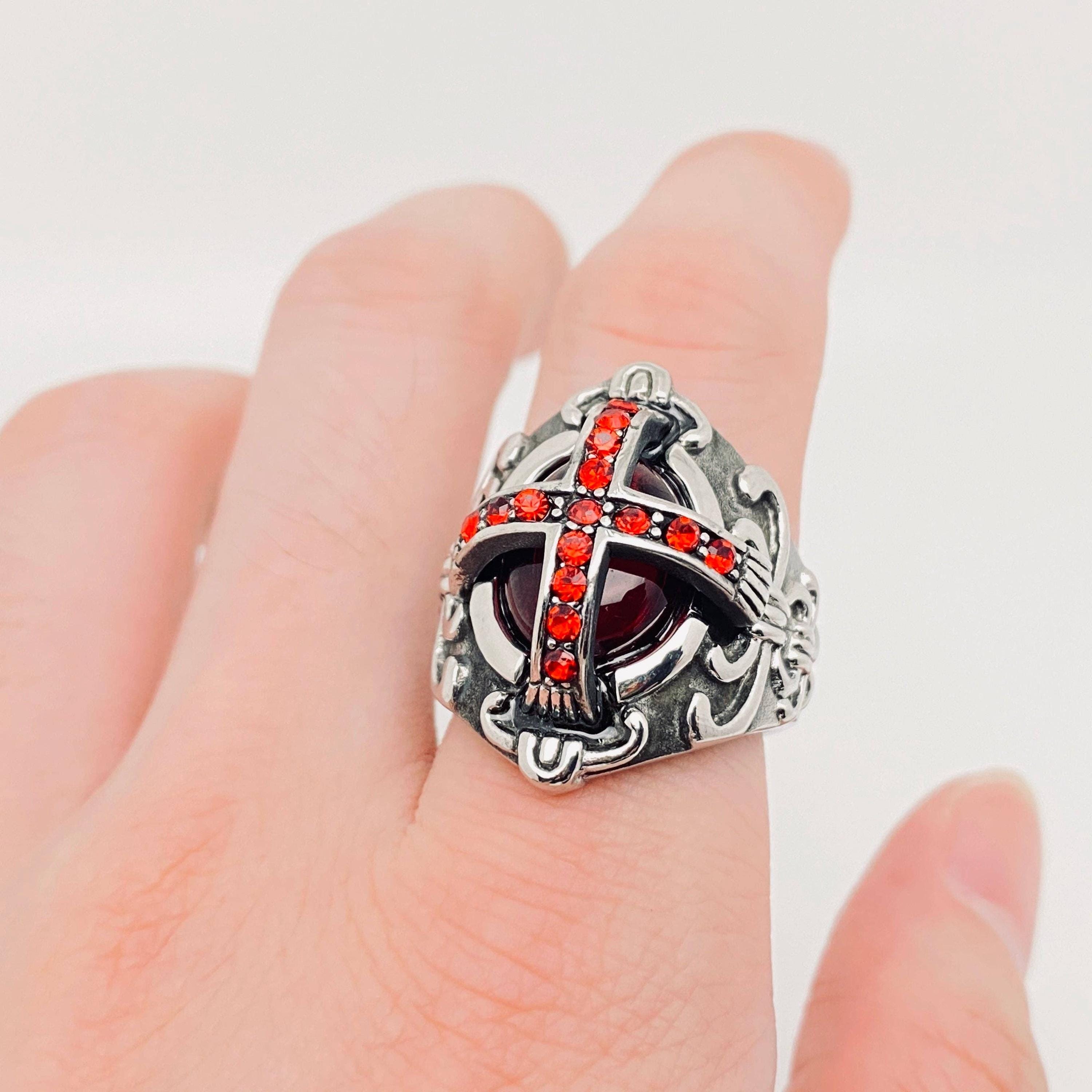 mens cross ring red stone gifts for him motorcycle ring celtic vintage style motorcycle biker ring MC club style red silver cross viking style irish english scottish barbarian mens gift old school vintage mens gift for him for dad for brother husband boyfriend high quality stainless steel durable heavy ring rocker punk gothic death metal goth motorcycle ethusiast biker club moto harley davidson HD cruiser club style norseman scandinavian  norse germanic caveman jewelry men men ring men band man