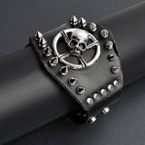Edgy Black Leather Bracelet Cuff with Stainless Steel Skull and Crossbones Studs Biker Jewelry - Gifts for Him Goth Punk Style Motorcycle Club Style Mens Gifts Dad Gifts Brother Husband Alternative Skull Jewelry Biker Harley Davidson alternative lifestyle gothic dark metal heavy metal metallica johnny depp style vintage handmade leather think leather cuff mens bracelet mens fashion jewelry mens gifts white elephant dad brother boyfriend husband father grandpa divorced dad