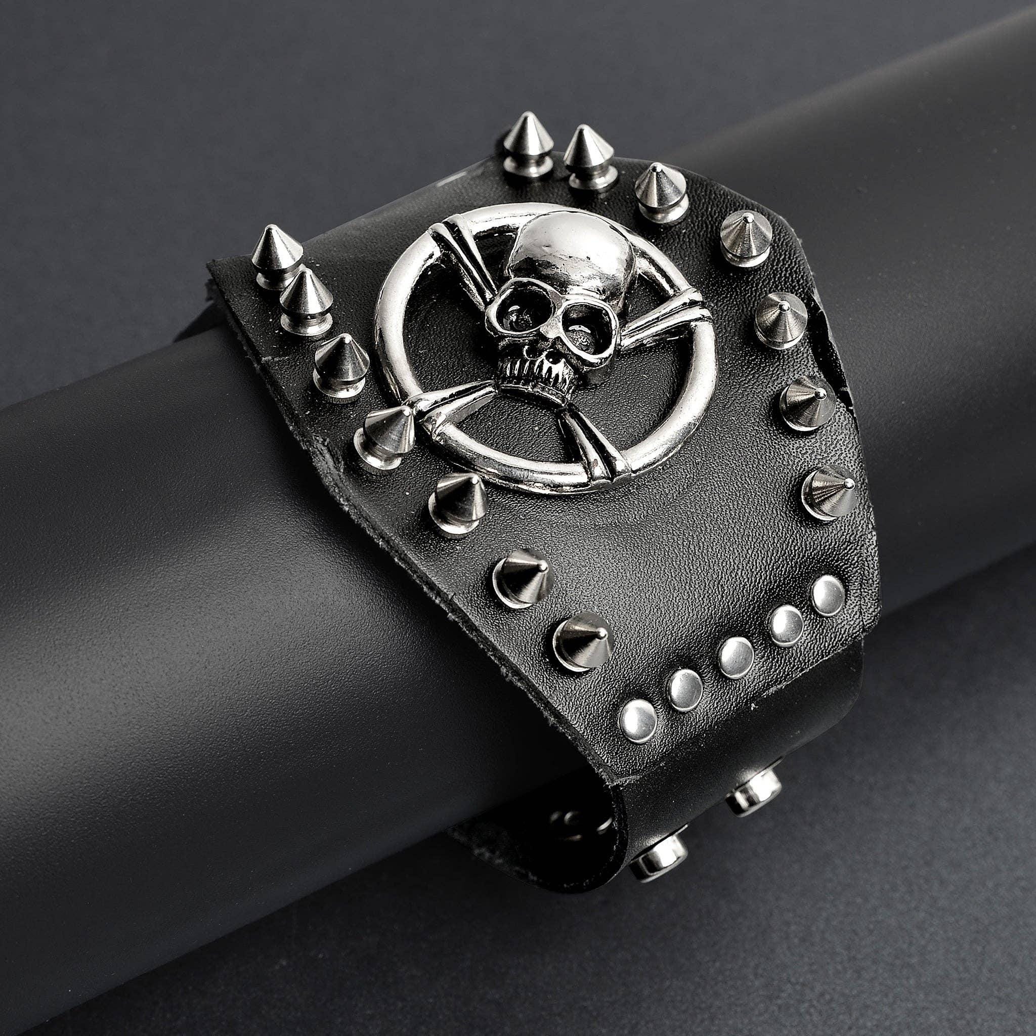 Edgy Black Leather Bracelet Cuff with Stainless Steel Skull and Crossbones Studs Biker Jewelry - Gifts for Him Goth Punk Style Motorcycle Club Style Mens Gifts Dad Gifts Brother Husband Alternative Skull Jewelry Biker Harley Davidson alternative lifestyle gothic dark metal heavy metal metallica johnny depp style vintage handmade leather think leather cuff mens bracelet mens fashion jewelry mens gifts white elephant dad brother boyfriend husband father grandpa divorced dad