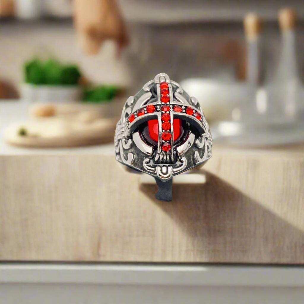 mens cross ring red stone gifts for him motorcycle ring celtic vintage style motorcycle biker ring MC club style red silver cross viking style irish english scottish barbarian mens gift old school vintage mens gift for him for dad for brother husband boyfriend high quality stainless steel durable heavy ring rocker punk gothic death metal goth motorcycle ethusiast biker club moto harley davidson HD cruiser club style norseman scandinavian  norse germanic caveman jewelry men men ring men band man
