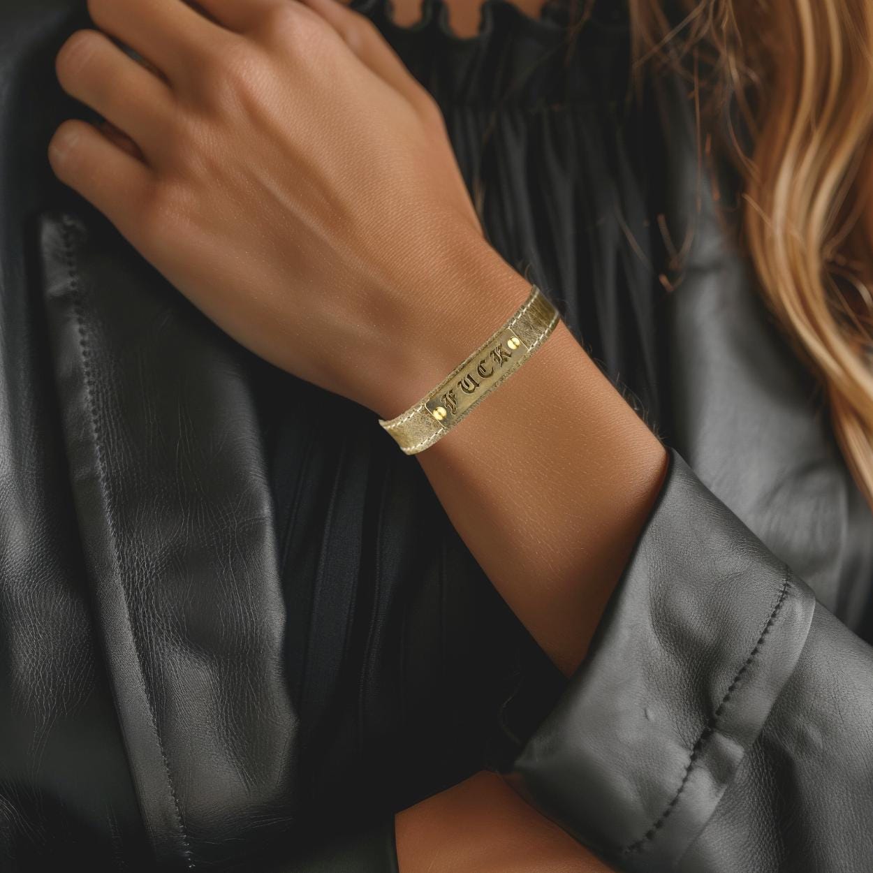 Womens handmade leather bracelet cuff made of soft genuine leather dainty and small with hand stamped fuck in brass plaque high quality and fun accessory bold and perfect for punk rocker style or alternative alt styles or vintage inspo