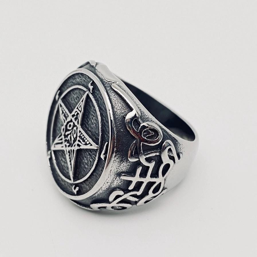 Mens pentagram ring dark aesthetic jewelry off beat gifts for him harley davidson rings biker jewelry for guys retro punk fashion unique mens gift chunk heavy ring