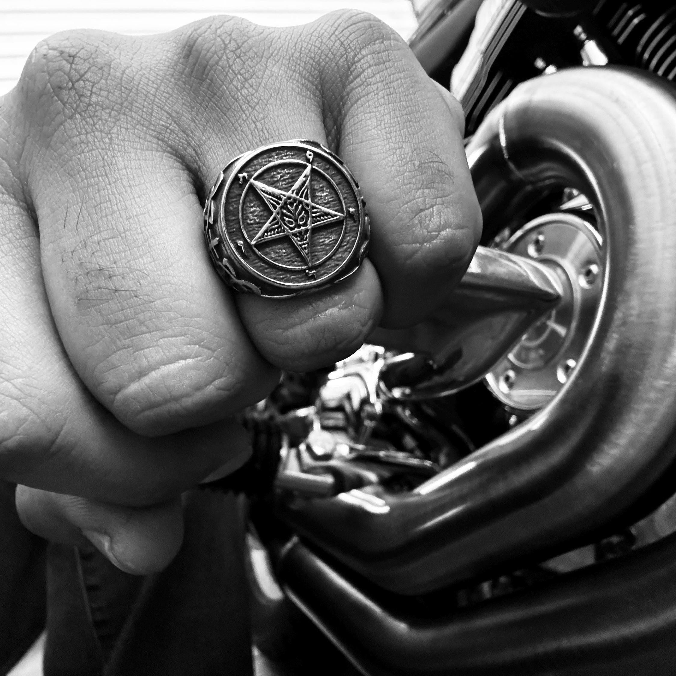 Mens pentagram ring dark aesthetic jewelry off beat gifts for him harley davidson rings biker jewelry for guys retro punk fashion unique mens gift chunk heavy ring