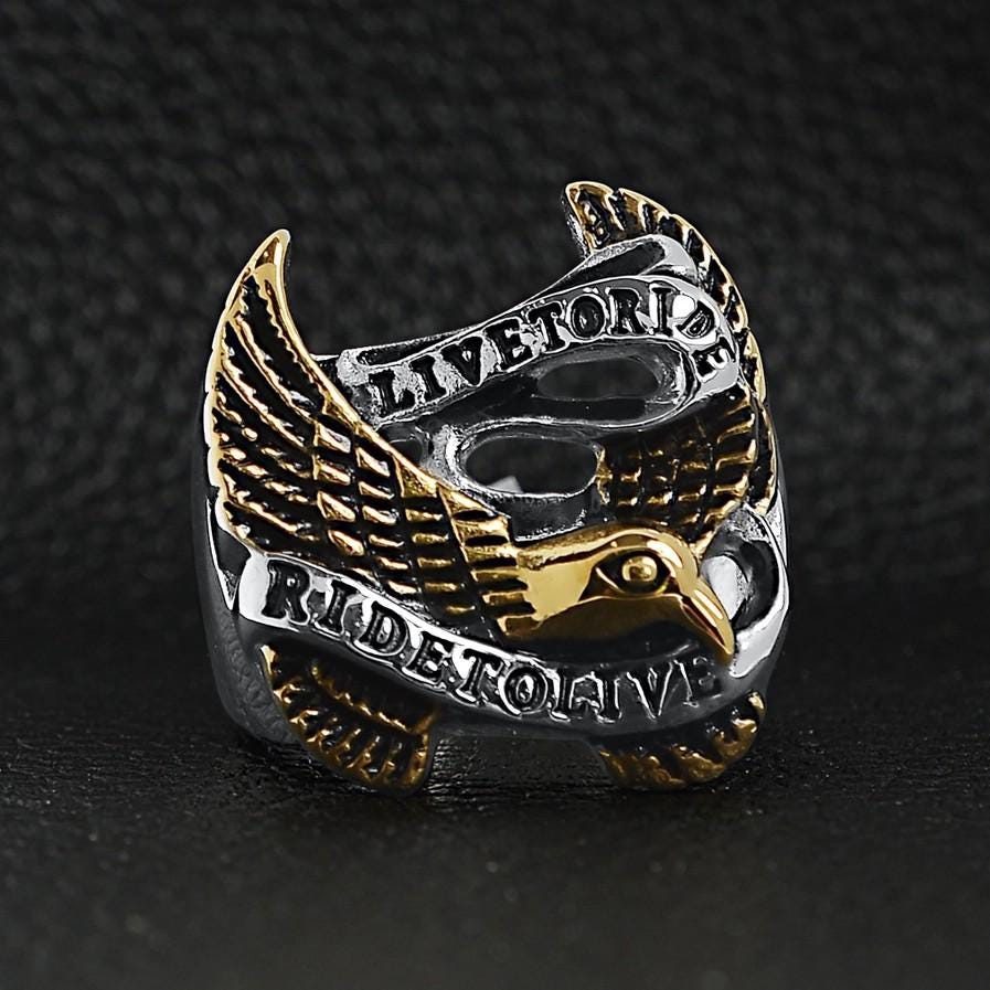mens biker harley davidson indian HD ring motorcycle rider live to ride ride to live ring gold silver eagle americana american pride biker lifestyle motorcycle rider club style vintage rocker rockabilly mens ring for dad for brother for husband for boyfriend for guy man masculine jewelry ring fashion rings for men ring band for men chunky mens ring large high quality heavy metal heavy ring sterling silver titanium ring johnny depp metallica