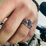 Stainless Steel Ring with Red Coffin Skeleton Detail - Unisex - Titanium - Red Stone Ring - Skull Goth Retro Style