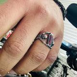 Stainless Steel Ring with Red Coffin Skeleton Detail - Unisex - Titanium - Red Stone Ring - Skull Goth Retro Style