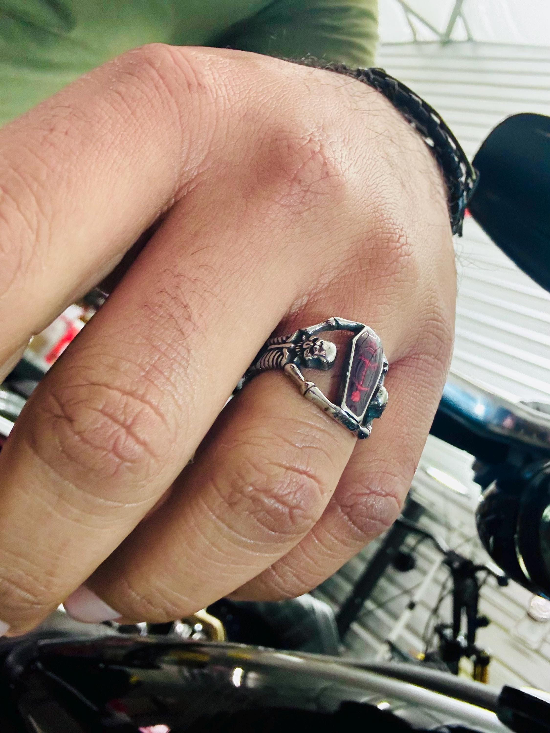 Stainless Steel Ring with Red Coffin Skeleton Detail - Unisex - Titanium - Red Stone Ring - Skull Goth Retro Style