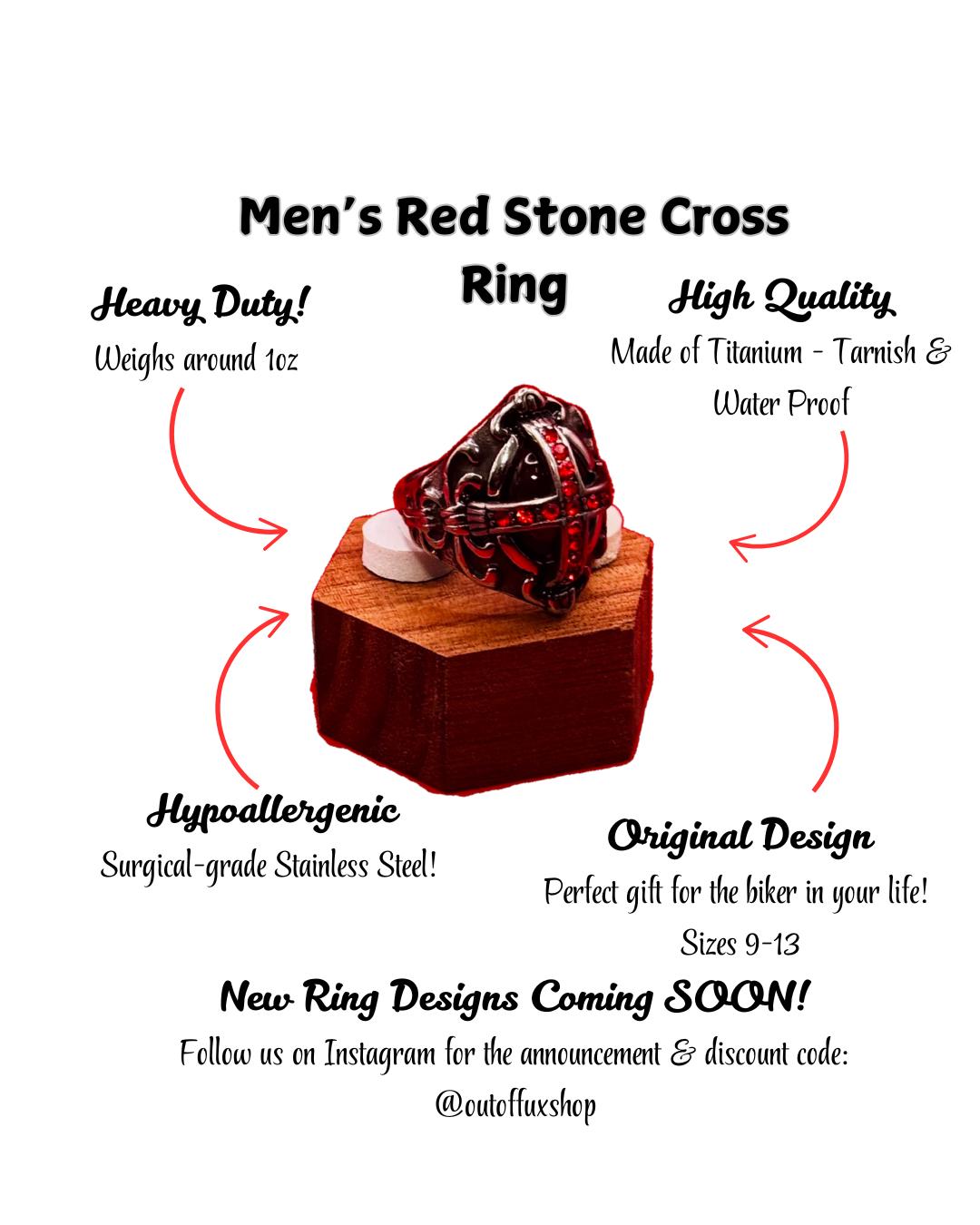 Men's Biker Ring - Celtic - Gothic - Red Stone Cross - Stainless Steel - Silver - Viking - Gifts for Him - Stylish