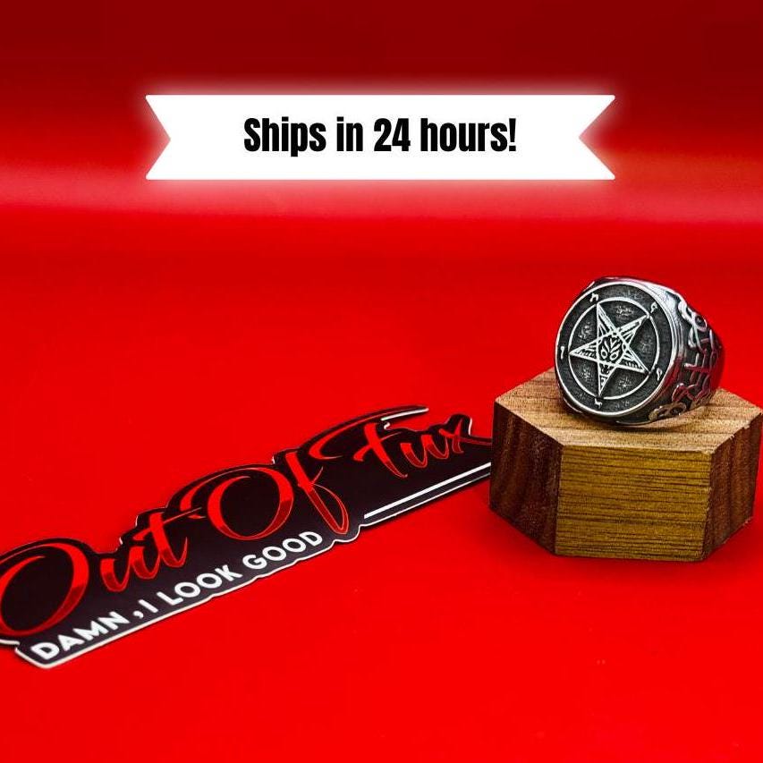 Mens pentagram ring dark aesthetic jewelry off beat gifts for him harley davidson rings biker jewelry for guys retro punk fashion unique mens gift chunk heavy ring