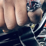 mens cross ring red stone gifts for him motorcycle ring celtic vintage style motorcycle biker ring MC club style red silver cross viking style irish english scottish barbarian mens gift old school vintage mens gift for him for dad for brother husband boyfriend high quality stainless steel durable heavy ring rocker punk gothic death metal goth motorcycle ethusiast biker club moto harley davidson HD cruiser club style norseman scandinavian  norse germanic caveman jewelry men men ring men band man