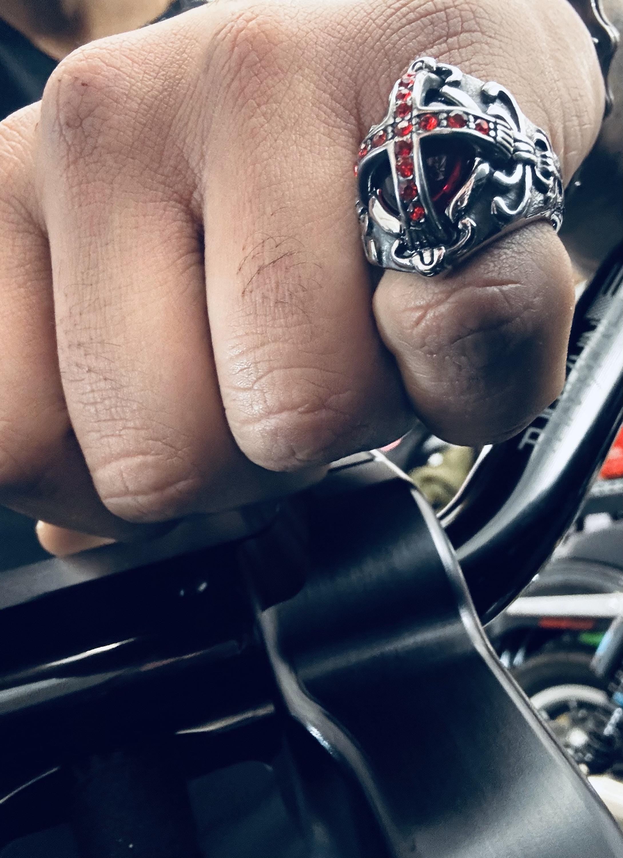 mens cross ring red stone gifts for him motorcycle ring celtic vintage style motorcycle biker ring MC club style red silver cross viking style irish english scottish barbarian mens gift old school vintage mens gift for him for dad for brother husband boyfriend high quality stainless steel durable heavy ring rocker punk gothic death metal goth motorcycle ethusiast biker club moto harley davidson HD cruiser club style norseman scandinavian  norse germanic caveman jewelry men men ring men band man