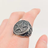 Mens pentagram ring dark aesthetic jewelry off beat gifts for him harley davidson rings biker jewelry for guys retro punk fashion unique mens gift chunk heavy ring
