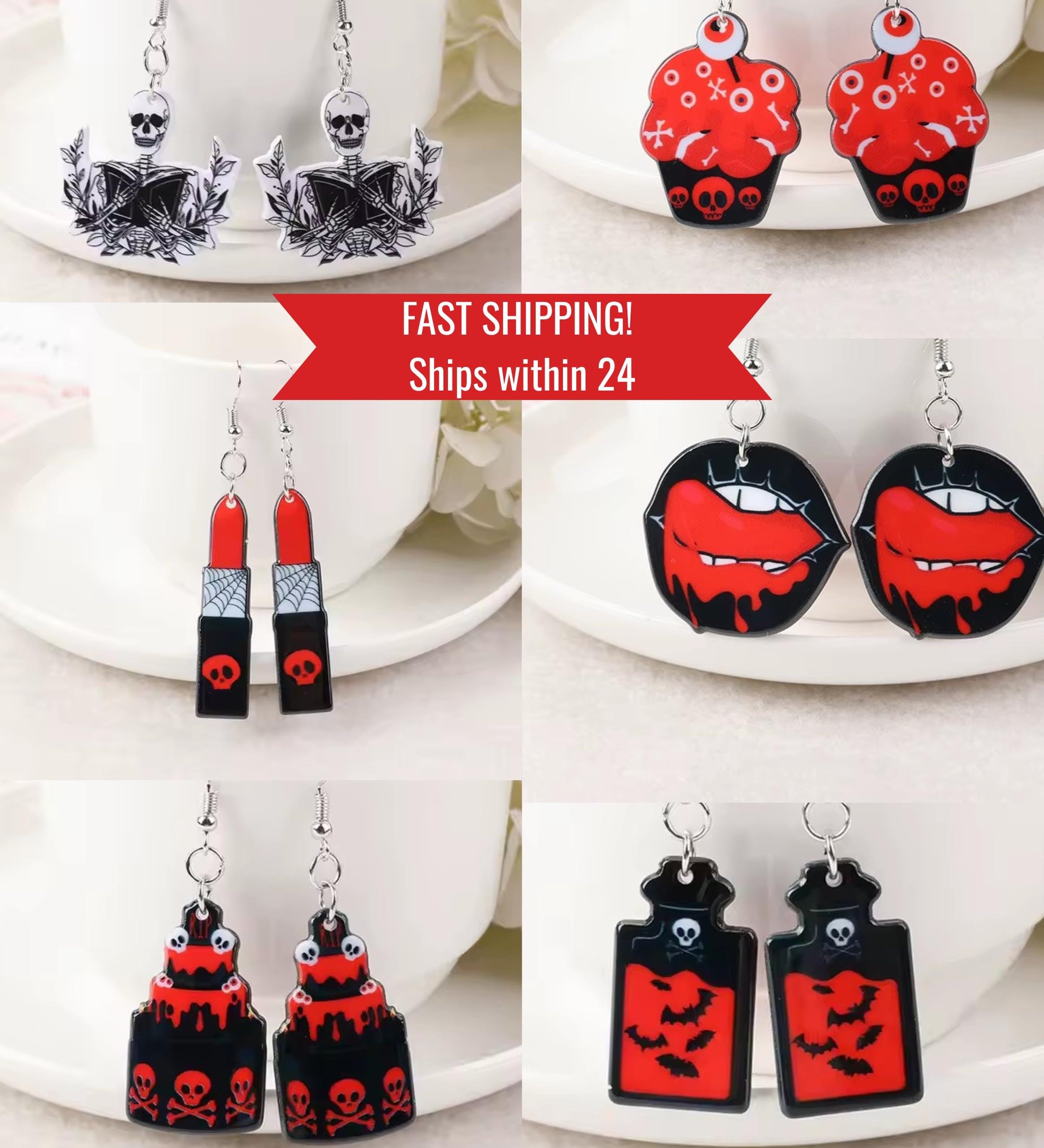 Gothic Skull Jewelry Black Dangle Vampire Design Metal Hook Alternative Accessory for Goth Baker Gift for Halloween Horror Fan Dark Jewelry