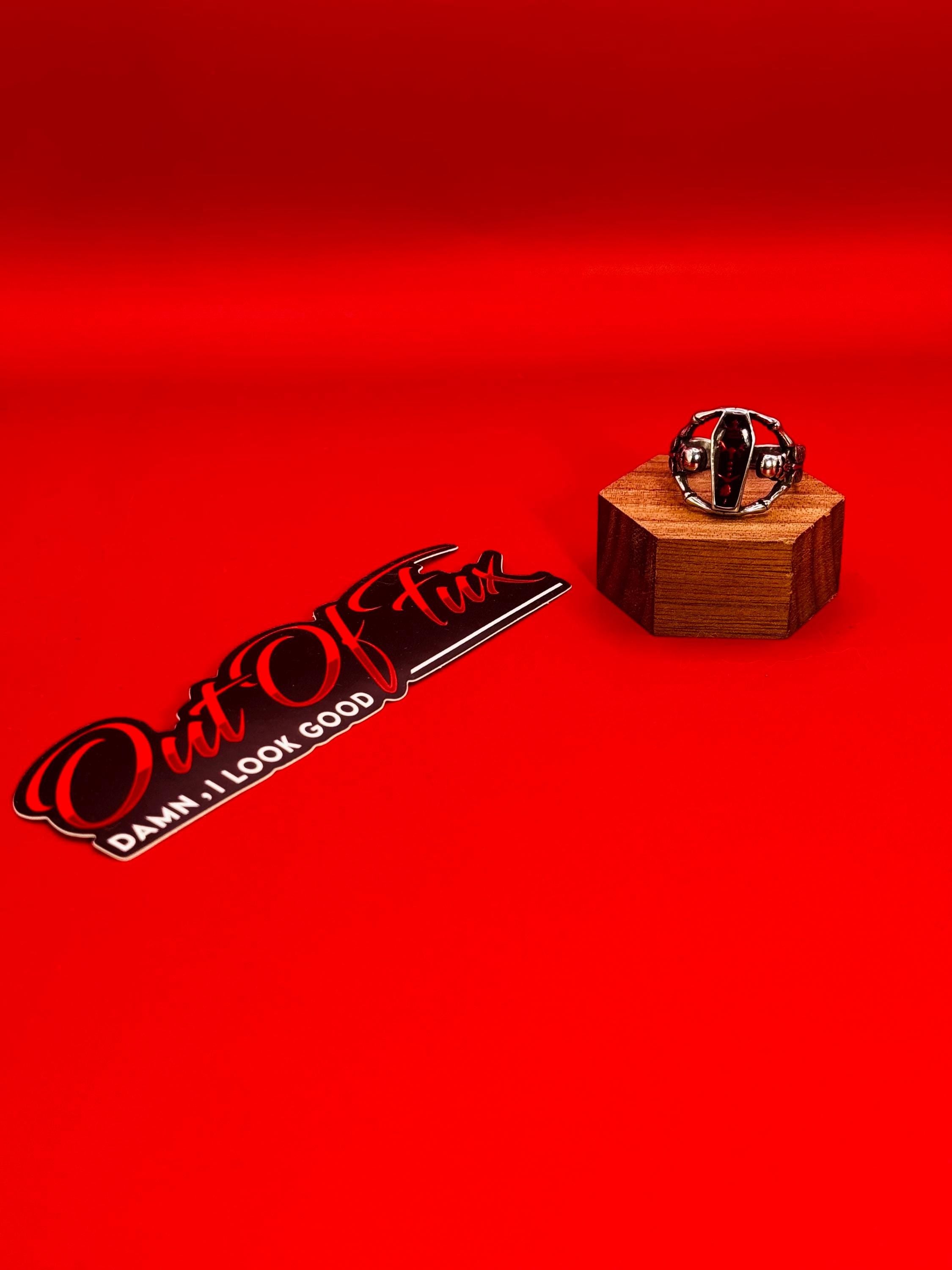 Stainless Steel Ring with Red Coffin Skeleton Detail - Unisex - Titanium - Red Stone Ring - Skull Goth Retro Style