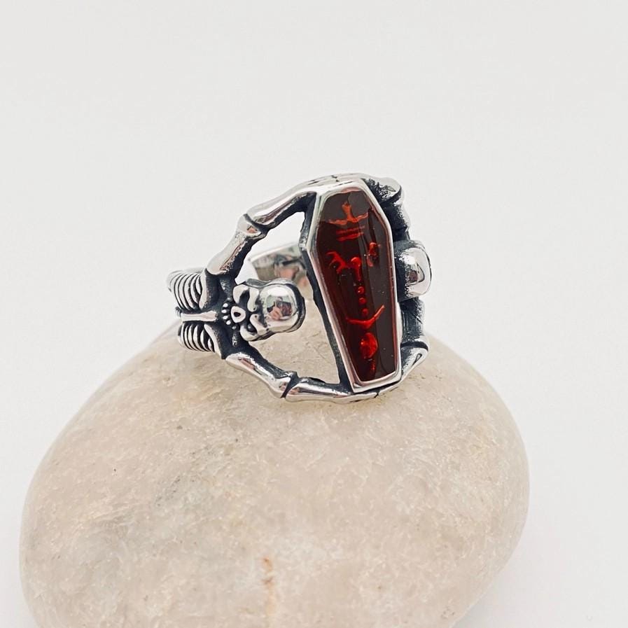 Stainless Steel Ring with Red Coffin Skeleton Detail - Unisex - Titanium - Red Stone Ring - Skull Goth Retro Style