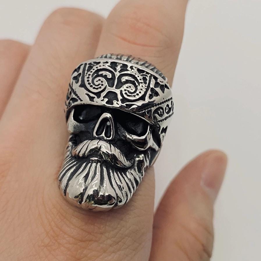 Mens Biker Ring - Bandana Skull Harley Ring for Him - Rockabilly Chopper Style for Him - Club Style Ring for Men
