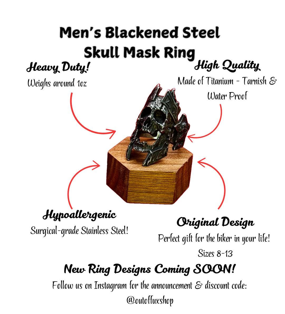 Blackened Stainless Steel Skull Ring - Celtic Gothic Biker Jewelry for Men, Viking Style Statement Ring, Great Gift