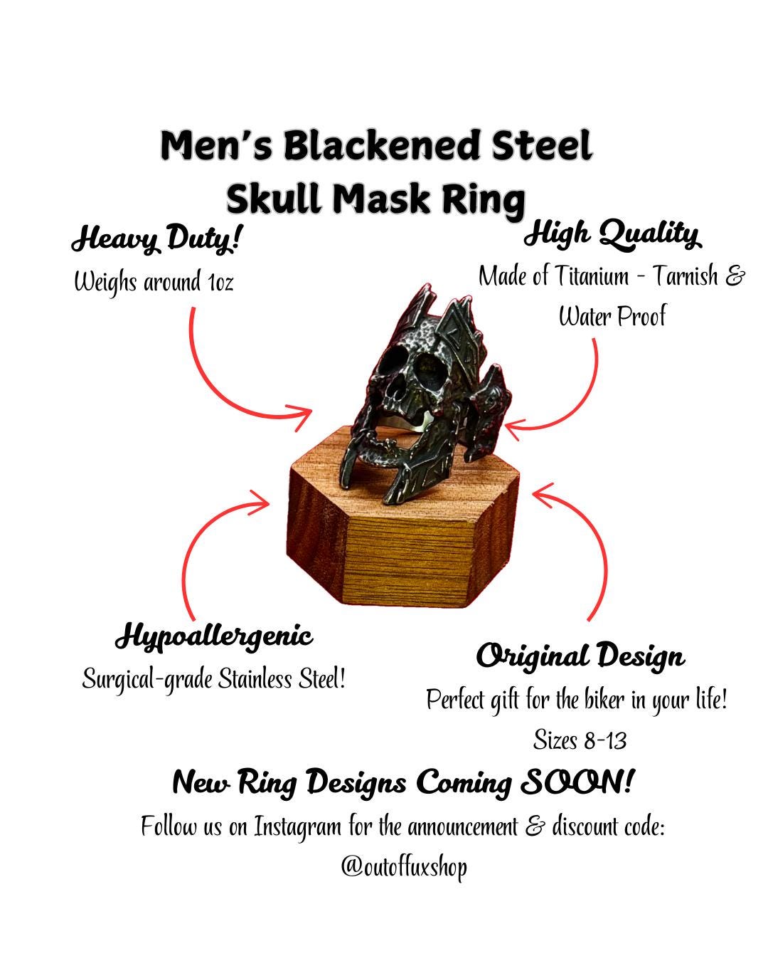 Blackened Stainless Steel Skull Ring - Celtic Gothic Biker Jewelry for Men, Viking Style Statement Ring, Great Gift