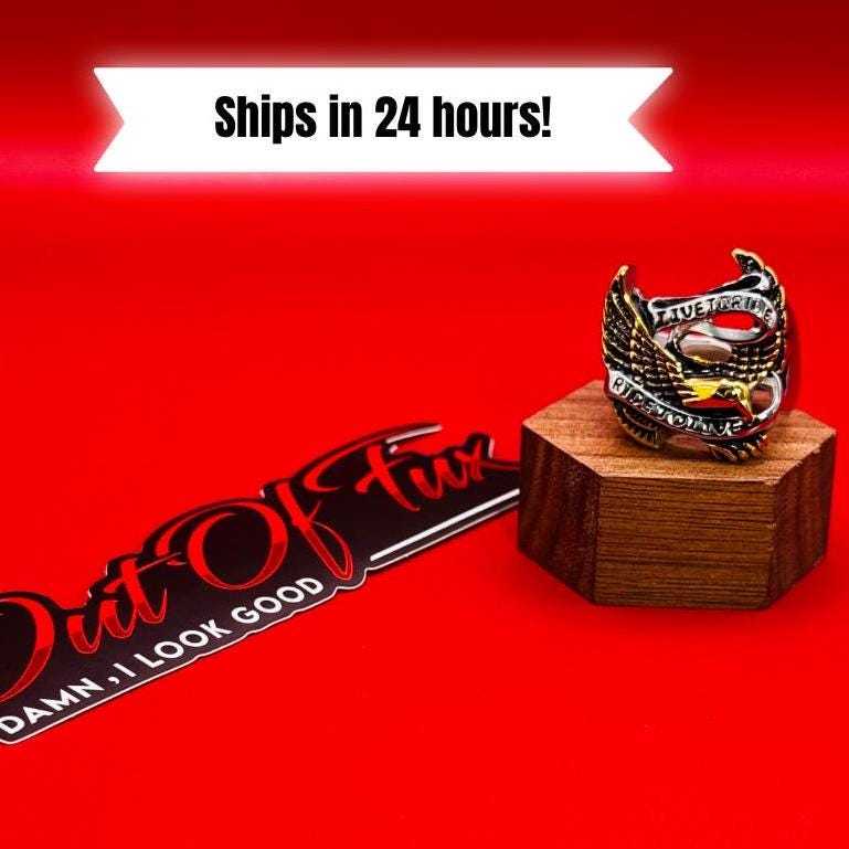 18K Gold Plated Coated Stainless Steel Eagle Biker Ring Live To Ride, Ride To Live High Quality Mens Rings Gifts for Him