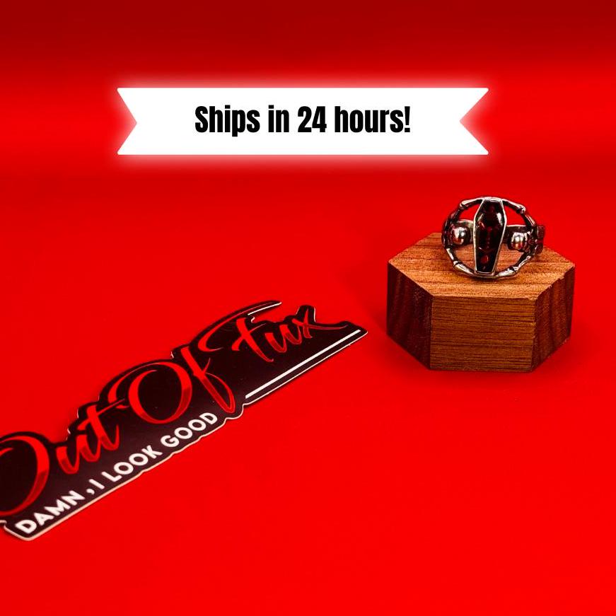 Stainless Steel Ring with Red Coffin Skeleton Detail - Unisex - Titanium - Red Stone Ring - Skull Goth Retro Style