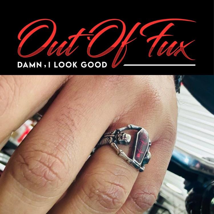 Stainless Steel Ring with Red Coffin Skeleton Detail - Unisex - Titanium - Red Stone Ring - Skull Goth Retro Style