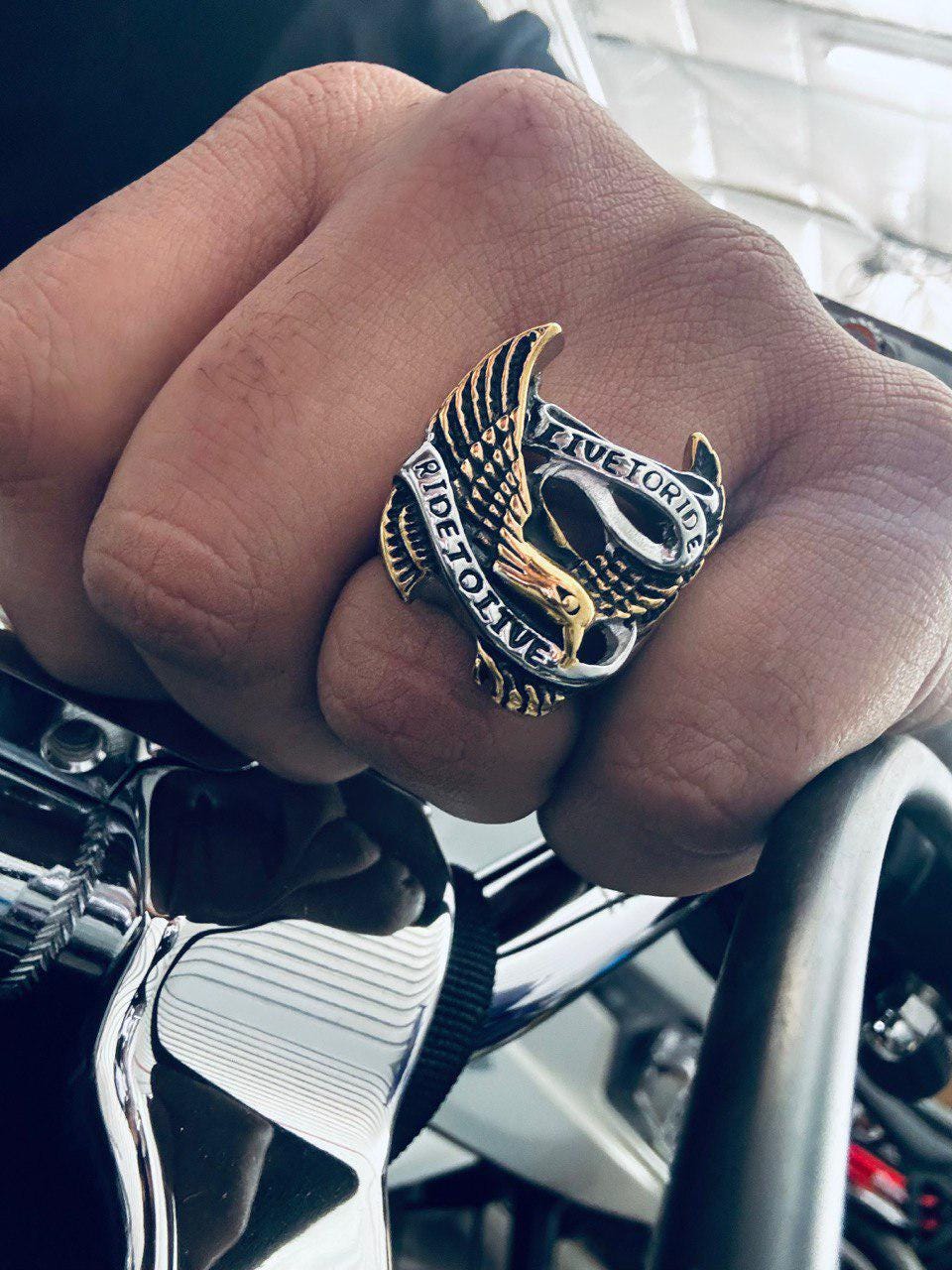 18K Gold Plated Coated Stainless Steel Eagle Biker Ring Live To Ride, Ride To Live High Quality Mens Rings Gifts for Him