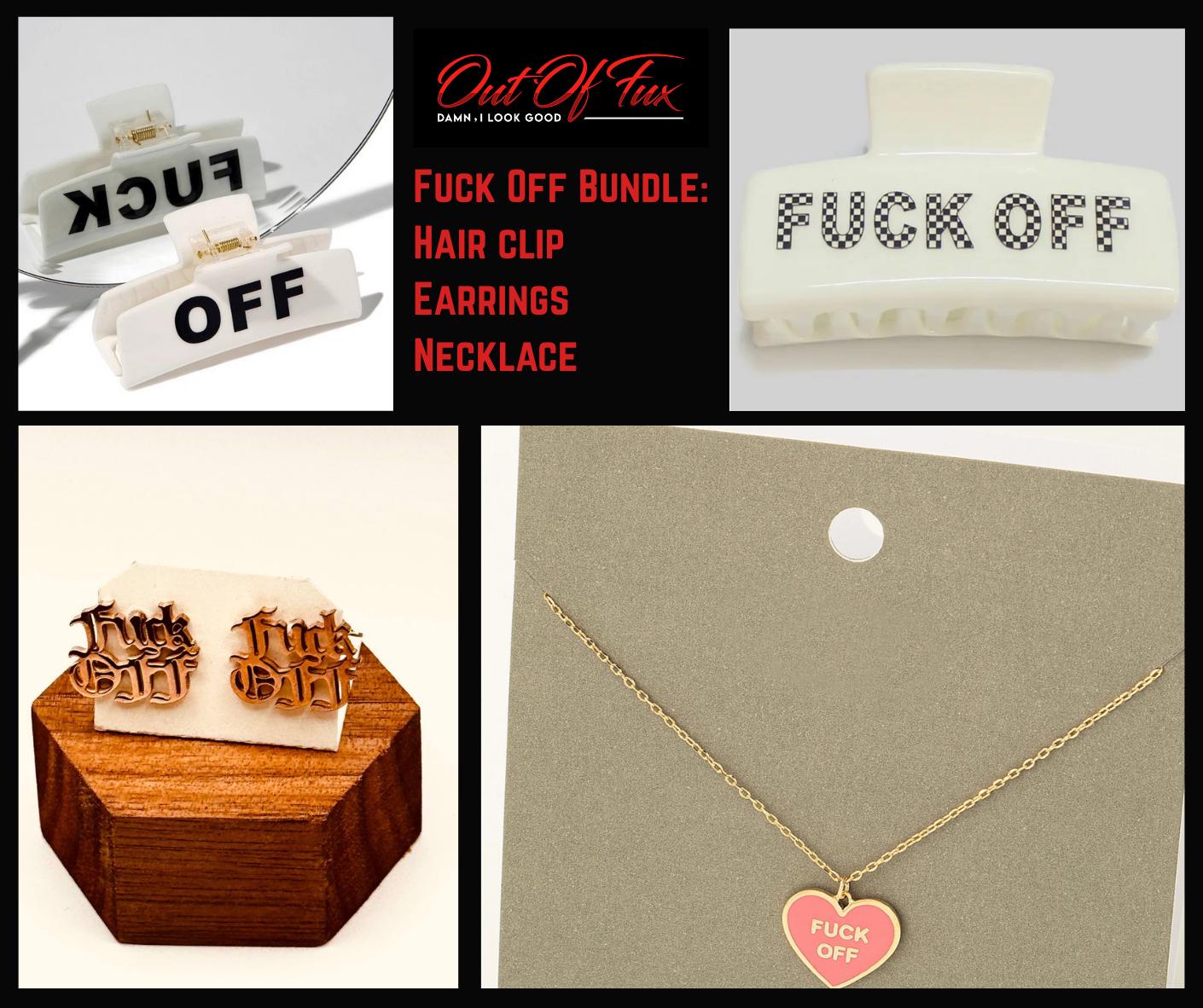 Fuck Off Bundle - 90s Hair Clip Fuck Off Heart Pendant Necklace and Fuck Off Script Earrings - Lots of Choices Bundled Savings Free Shipping