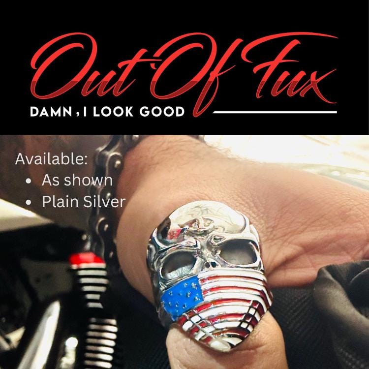 Mens Skull Ring - Biker Flag Bandana Ring, Titanium Automotive Gift for Him, Harley Davidson Style American Flag Gift