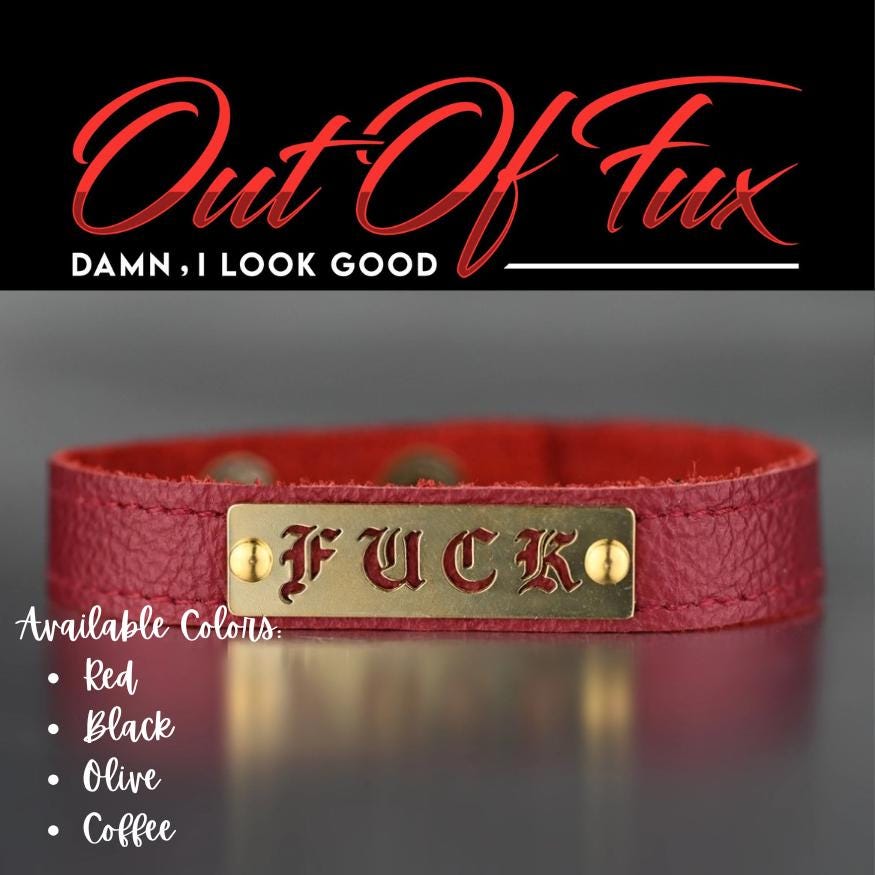 Handmade Leather Cuff for Her Black Leather Red Bracelet Genuine Leather Brass Stamped F*ck for Women Dainty Demure Rebellious
