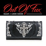 Biker Style Purse Card Holder Punk Rock Fashion Accessory Silver Detail Skull Design Gothic Wallet Gift Idea Dark Aesthetic Metal Stud Cross