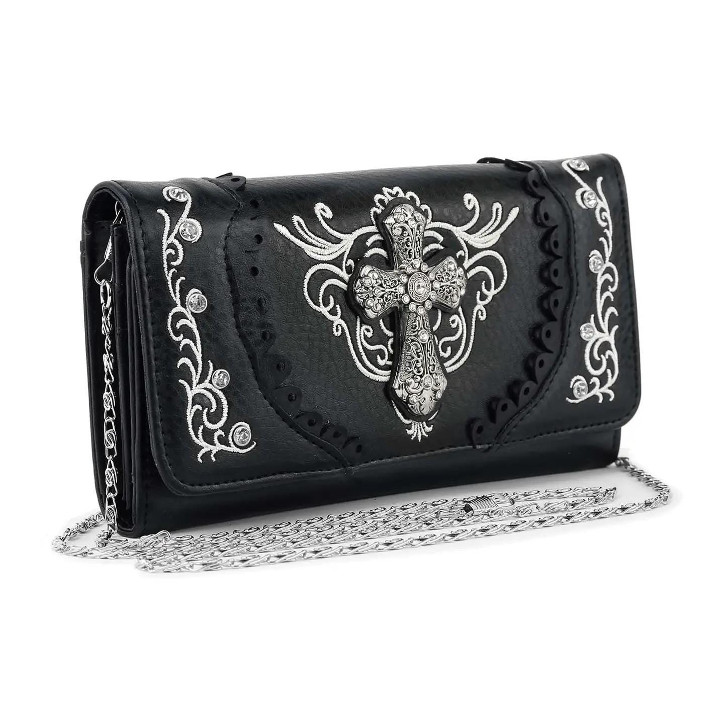 Biker Style Purse Card Holder Punk Rock Fashion Accessory Silver Detail Skull Design Gothic Wallet Gift Idea Dark Aesthetic Metal Stud Cross