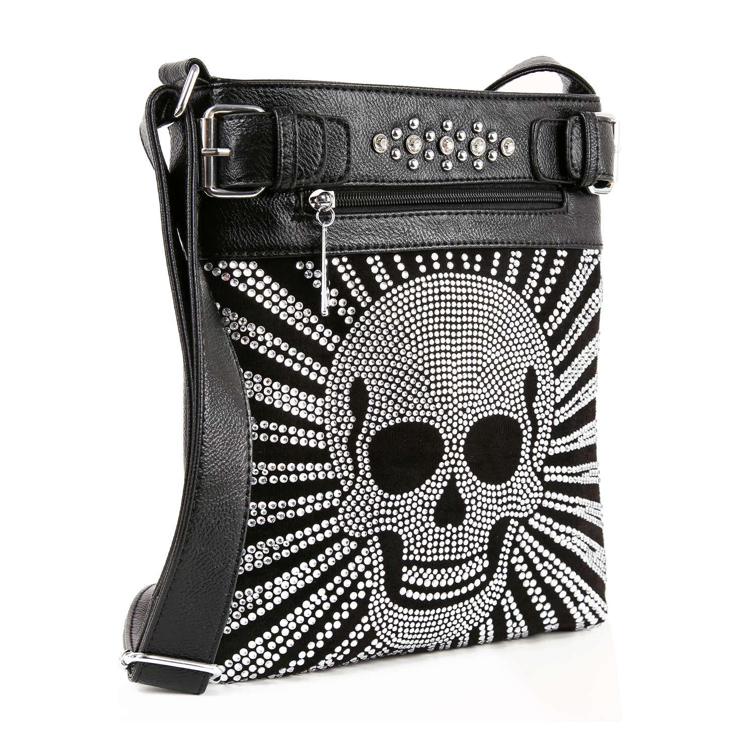 Gothic Punk Rock Crossbody Bag Military Camo Print Biker Style Steampunk Skull Design Statement Piece Practical Size Messenger Style Black Accent Studded Detail Quality Construction Front Back Storage Concert Festival Ready Essential Daily