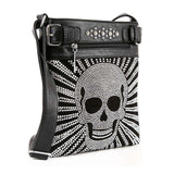 Gothic Punk Rock Crossbody Bag Military Camo Print Biker Style Steampunk Skull Design Statement Piece Practical Size Messenger Style Black Accent Studded Detail Quality Construction Front Back Storage Concert Festival Ready Essential Daily