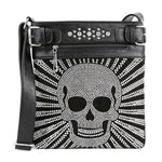 Gothic Biker Crossbody Military Print Pattern Punk Rock Steam Punk Skull Alternative Fashion Statement Messenger Style Black Accent Studded Detail Practical Size Construction Front Back Storage Concert Festival Essential Fashion Forward