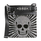 Gothic Biker Crossbody Military Print Pattern Punk Rock Steam Punk Skull Alternative Fashion Statement Messenger Style Black Accent Studded Detail Practical Size Construction Front Back Storage Concert Festival Essential Fashion Forward