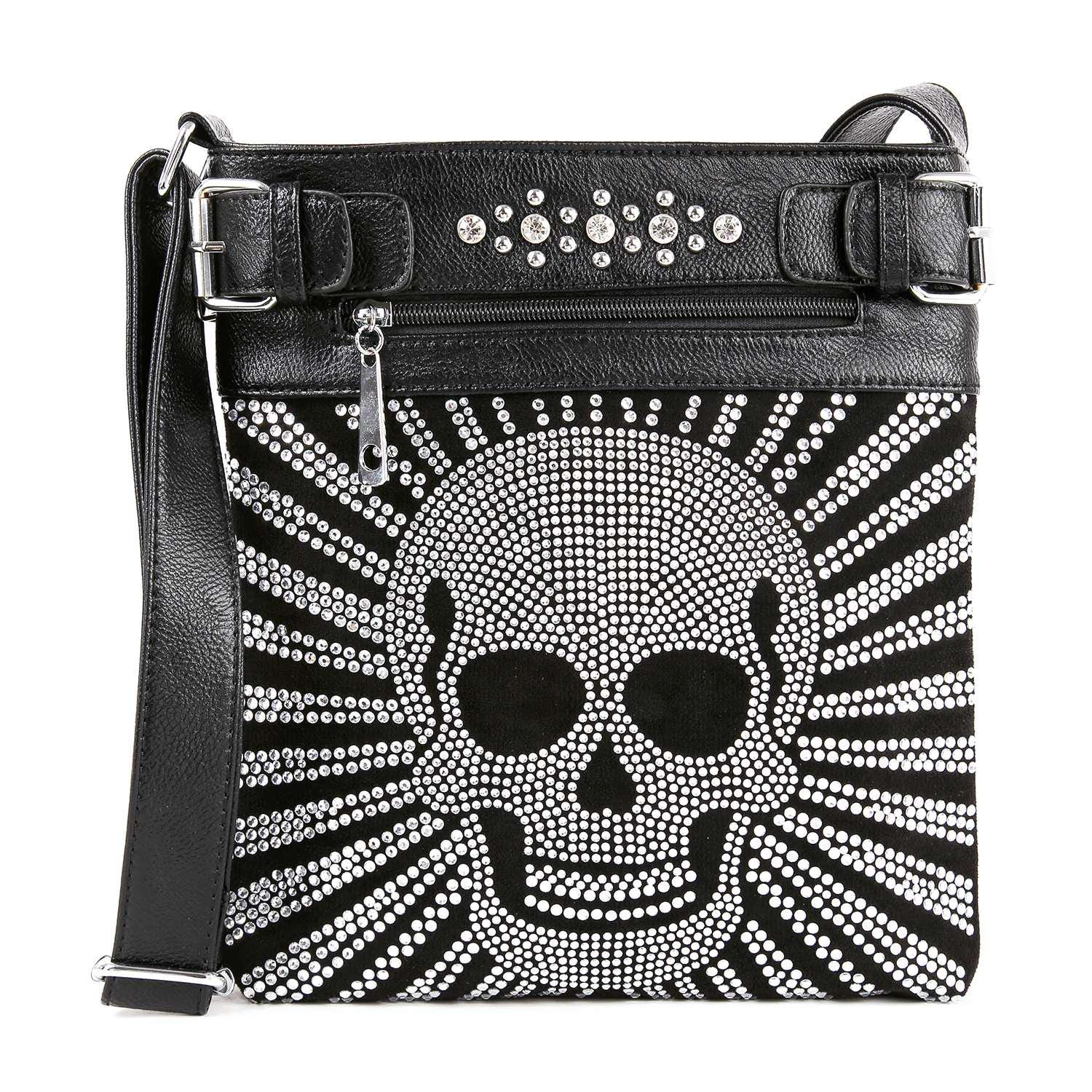 Gothic Biker Crossbody Military Print Pattern Punk Rock Steam Punk Skull Alternative Fashion Statement Messenger Style Black Accent Studded Detail Practical Size Construction Front Back Storage Concert Festival Essential Fashion Forward