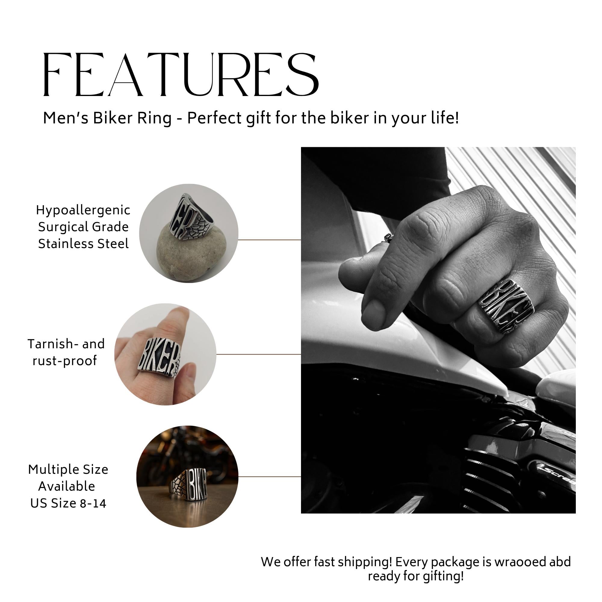 Mens BIKER Ring Mens Ring Gifts for Him Punk Alternative Rocker Metal Stainless Steel Titanium