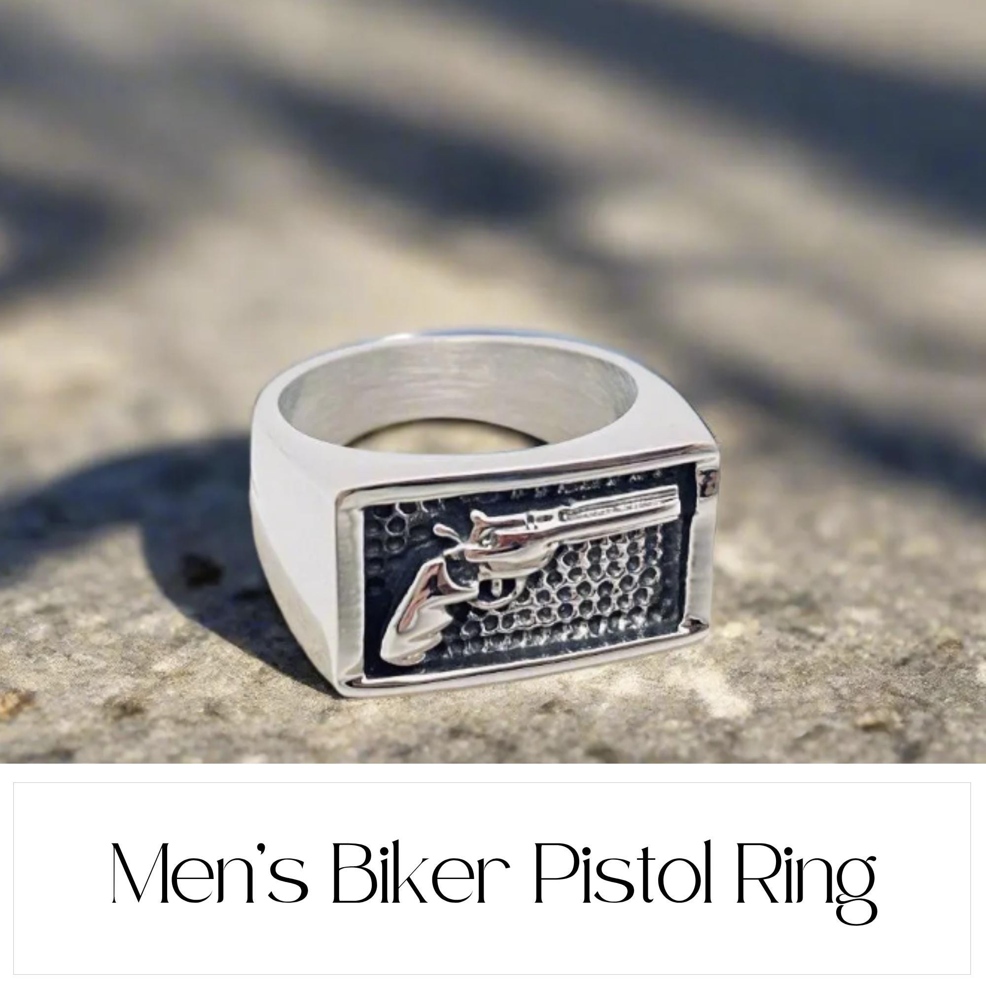 Men's Biker Ring - Pistol Revolver Gun in Silver Gold for Him - Titanium - Gifts for Men - High Quality - Unique Style
